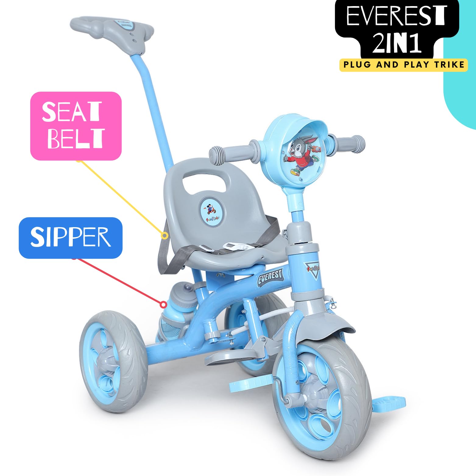 Fun Ride Tricycle Kids Musical Plug And Play Parental Control Handle For 1 To 5 Year-Sipper,Seat Belt,Eva Tyre -Trike For Indoor And Outdoor-Boys And Girls Up To 25 Kg- Made In India (Blue)