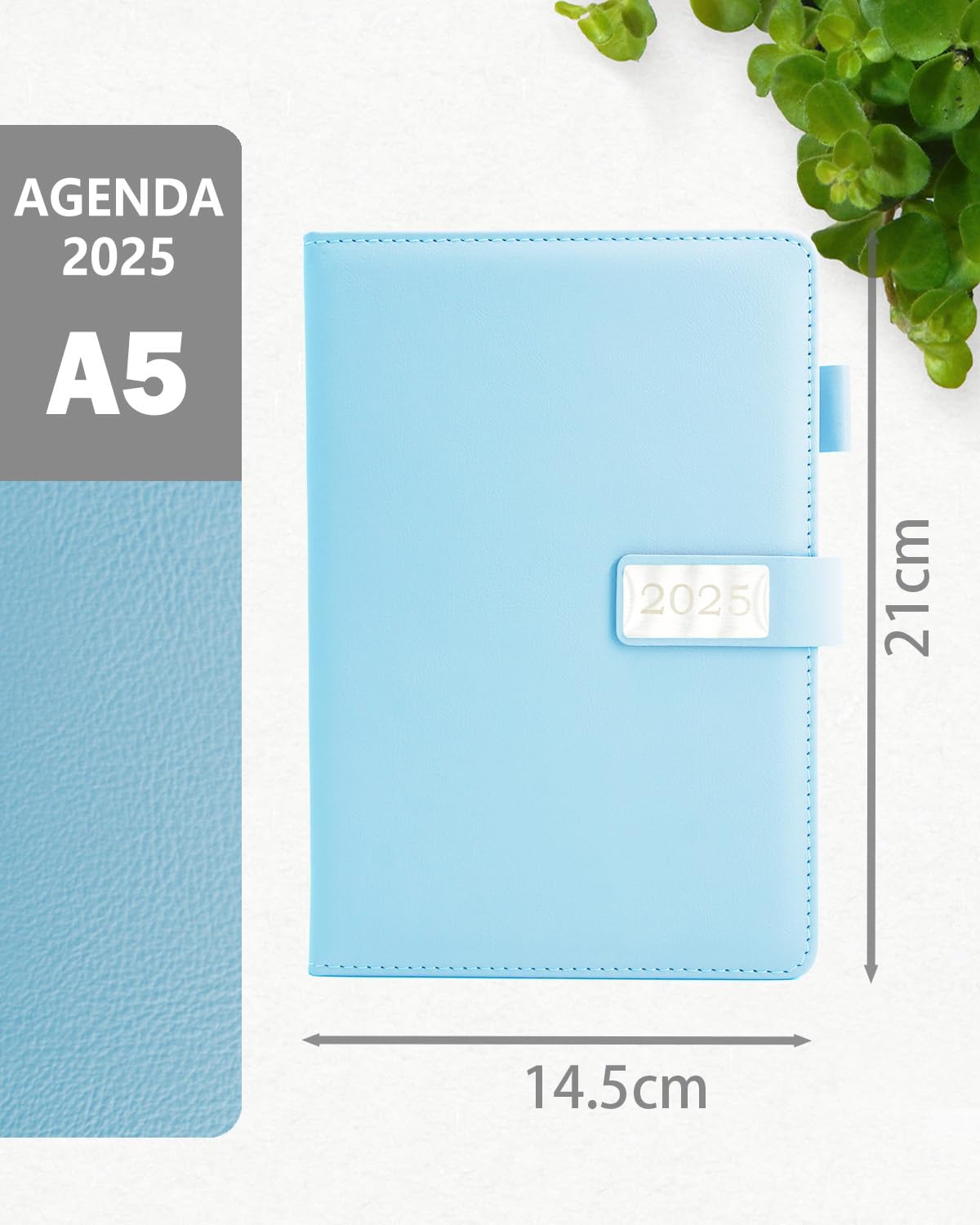 HW CASA Agenda Giornaliera 2025 Taccuino,Formato A5,200 Pagine,Pelle Vegana Macaron,Fibbia Magnetica Argentata,Design a Pagina Singola ed Etichette Mensili Colorate,Calendario e Agenda Mensile,Blu