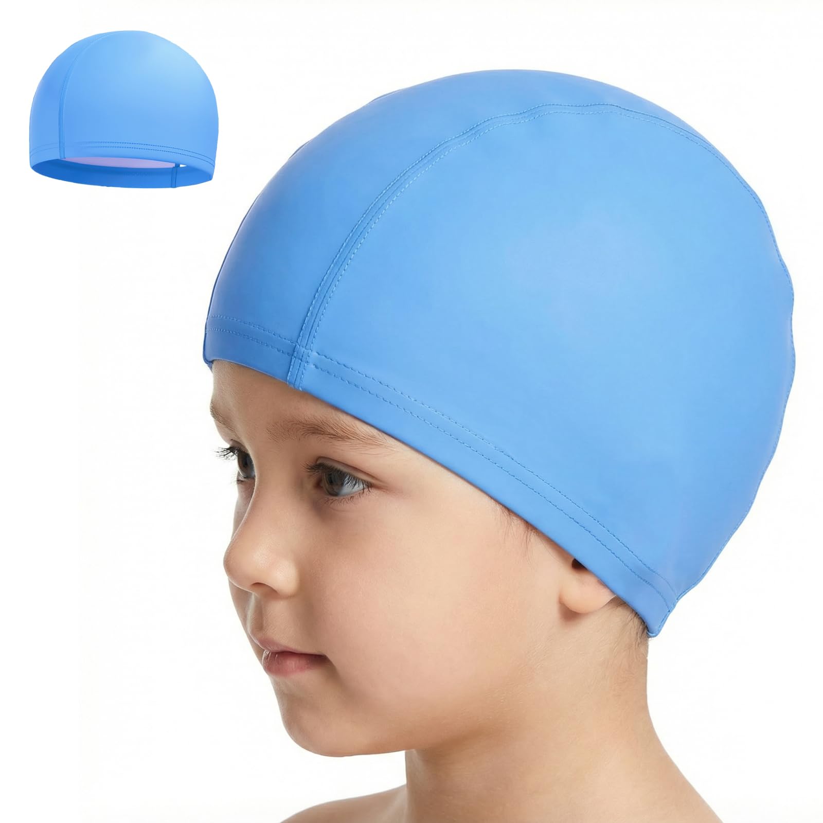 Fabric Swimming Cap Kids, Waterproof And Soft Stretchy Design With Anti-Slip Interior, Gentle Light Blue Swim Cap For Children Aged 4-10 Years