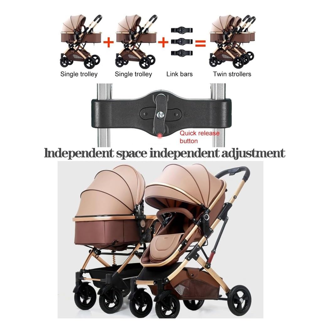 WIGSELBL Zwillings-Kinderwagen, Doppel-Kinderwagen, Kleinkind-Kinderwagen for Zwillinge nebeneinander, Faltbarer Doppelsitz-Tandem-Kinderwagen, wendbar, leicht zusammenklappbar (Color : Khaki)