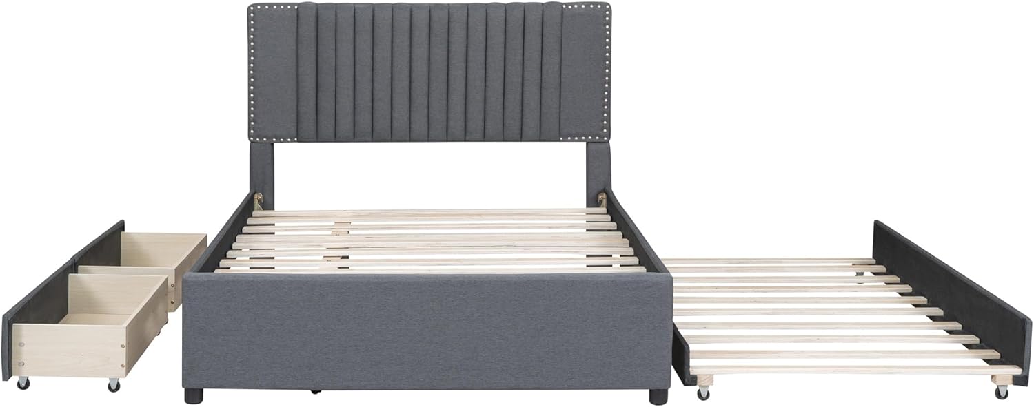 MERITLINE Upholstered Platform Bed with Drawers and Trundle, Full Size Linen Platform Bed with Headboard and Slats Support for Kids Teens Adults, No Box Spring Needed, Easy Assembly, Gray