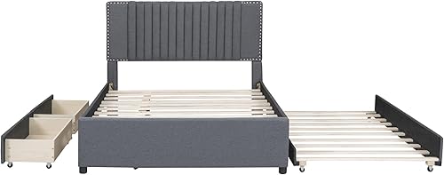 Miniatura 87 de Merax Base de cama tapizada de tamaño matrimonial con cama nido de tamaño individual, 2 cajones, cabecera con patrón de ladrillo y soporte de