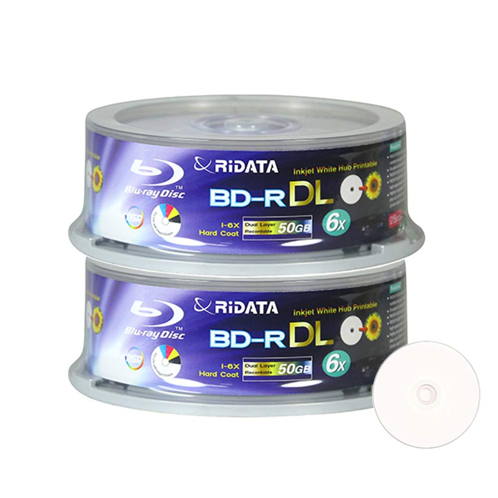 50 Pack Ridata Blu-ray BD-R DL Dual Layer 6X 50GB White Inkjet Hub Printable Recordable Blank Media Disc with Spindle Packing | Large Capacity, Dual Layer Double Layer for HD video recording, Full White Surface for Inkjet Printer, Cakebox Spindle Holder-image-42