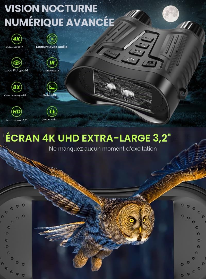 ACEXIER Jumelles à vision nocturne 4K Appareil photo infrarouge numérique Chasse Camping Télescope Zoom 8X Lunettes de vision nocturne d'extérieur