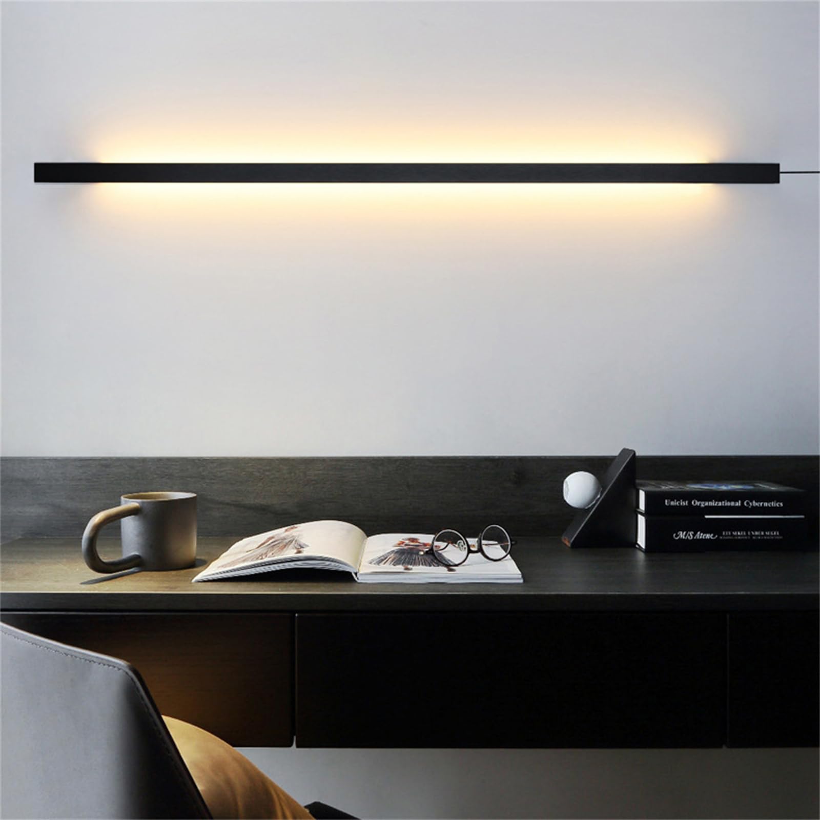 Wandleuchte Dimmbare Innen LED Wandlampe mit Fernbedienung 10-100% Einstellbar Wandbeleuchtung mit Schalter und Stecker Wandleuchte Schlafzimmer Wohnzimmer Treppenhaus Kinderzimmer (Schwarz,80CM)