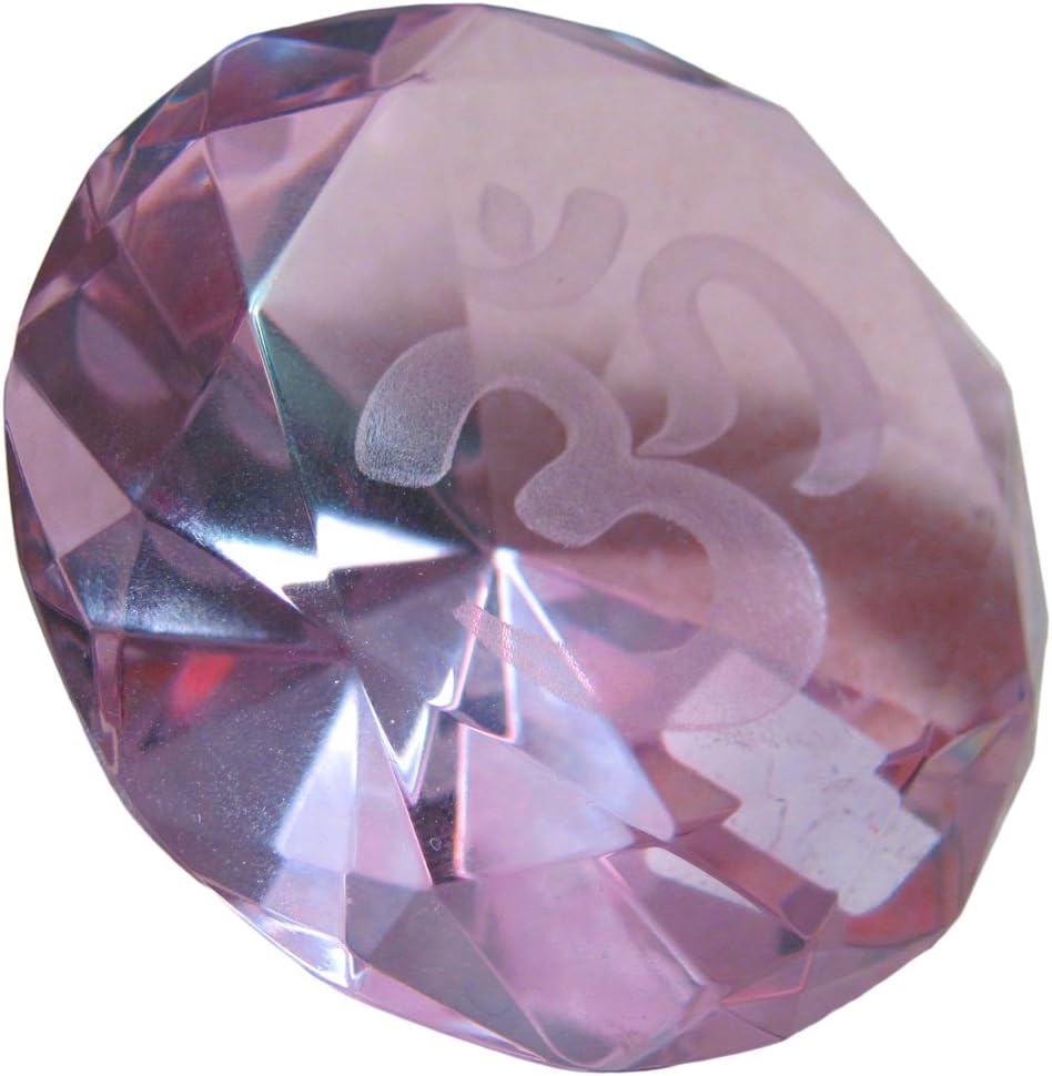 Round-Cut Om Sphatik Crystal Yoga Gift Paperweight (Pink)