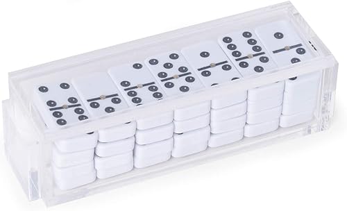 Bey-Berk Juego de dominó acrílico de lujo de 28 piezas, para adultos y niños, con piezas de juego blancas y almacenamiento de acrílico transparente,