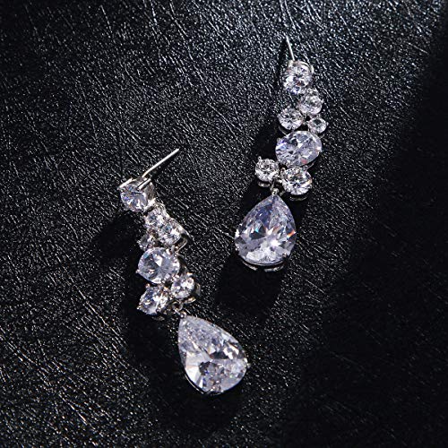Bridal Earrings for Wedding - 14k Plated Elegant Teardrop CZ Cubic Zirconia Crystal Rhinestone Sterling Silver Floarl Leaf Cluster Chandelier Statement Dangle Drop Earrings for Bride Bridesmaids3