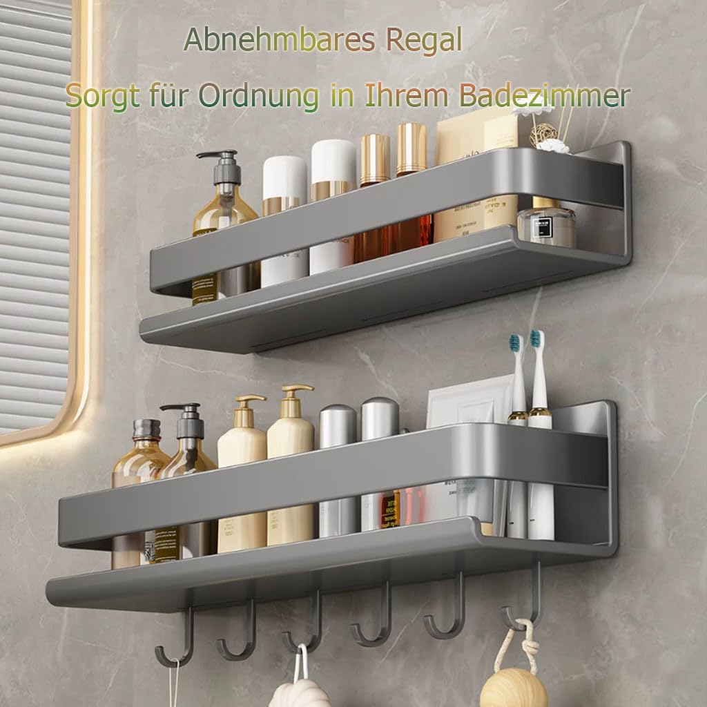 Estante de Ducha sin Taladro, Estante de Pared con Ganchos Colgantes, Organizador de baño de Metal con Barra de protección, Estante de Ducha para Lavabo, Ducha y Cocina,1etage,40cm