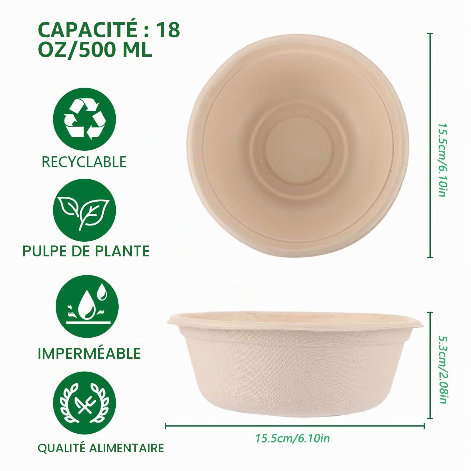 150 Pièces Bol Jetable 500ml Soupe, Bols Jetables Bagasse de Canne à Sucre, Bols Jetables 500 ml, Compostable pour Fête Mariage Pique-nique