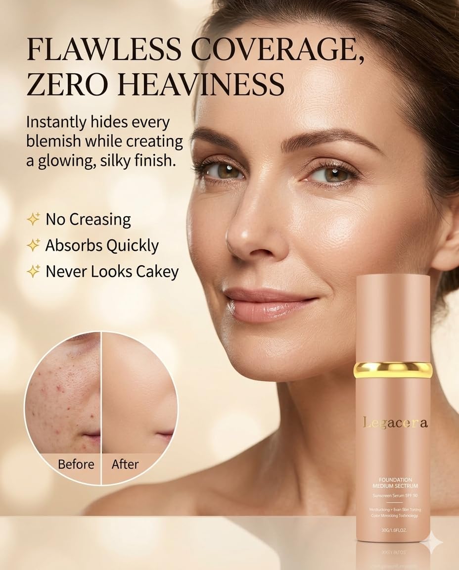 Official Legacera Foundation for Mature Skin, 4-in-1 Foundation - Longwear Match, Hydrating Full Coverage, Long-Lasting & Waterproof, for all Skin Types