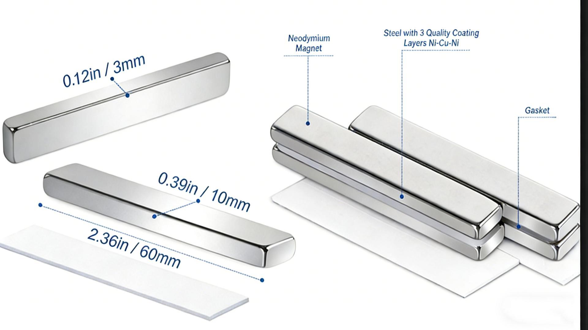 Image of MIKEDE Magnets, 12 Pack Neodymium Bar Magnets with Double-Sided Adhesive, Strong Magnet Heavy Duty Magnetic Strips, Powerful Rare Earth Metal Magnet for Locker, Fridge, Office - 60x10x5 mm