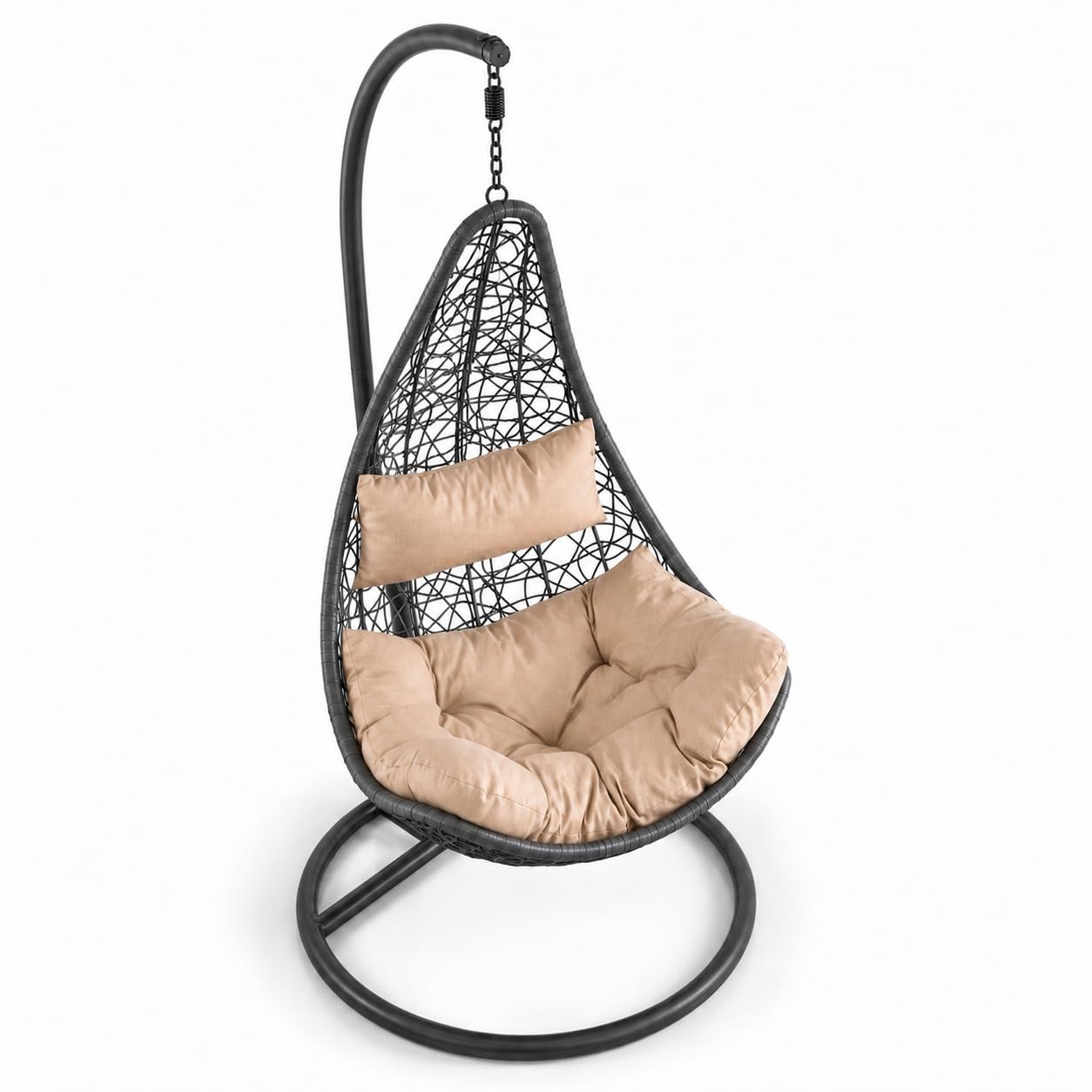 Poltrona Sospesa Da Giardino Con Struttura Autoportante In Metallo Seduta In Polyrattan E Cuscino Con Poggiatesta Beige Arredo Outdoor Terrazza Balcone E Veranda 105 x 195 Cm Nero