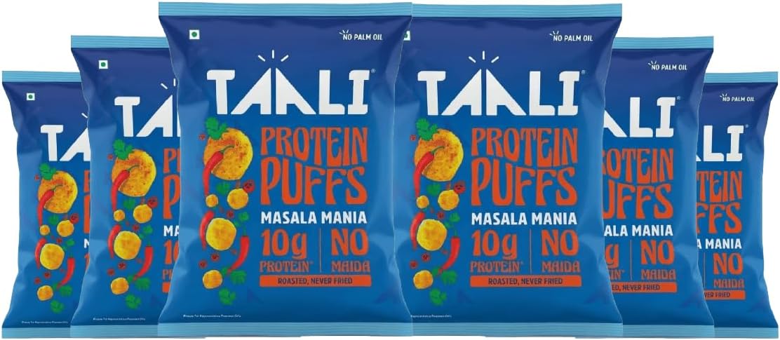 Taali Jowar & Protein Puffs | 60 gm (Pack of 6) | Masala Mania | Healthy Roasted Tasty Snacks, Ready to eat | 100% Veg., Gluten free products, No Cholesterol, No Trans-Fat