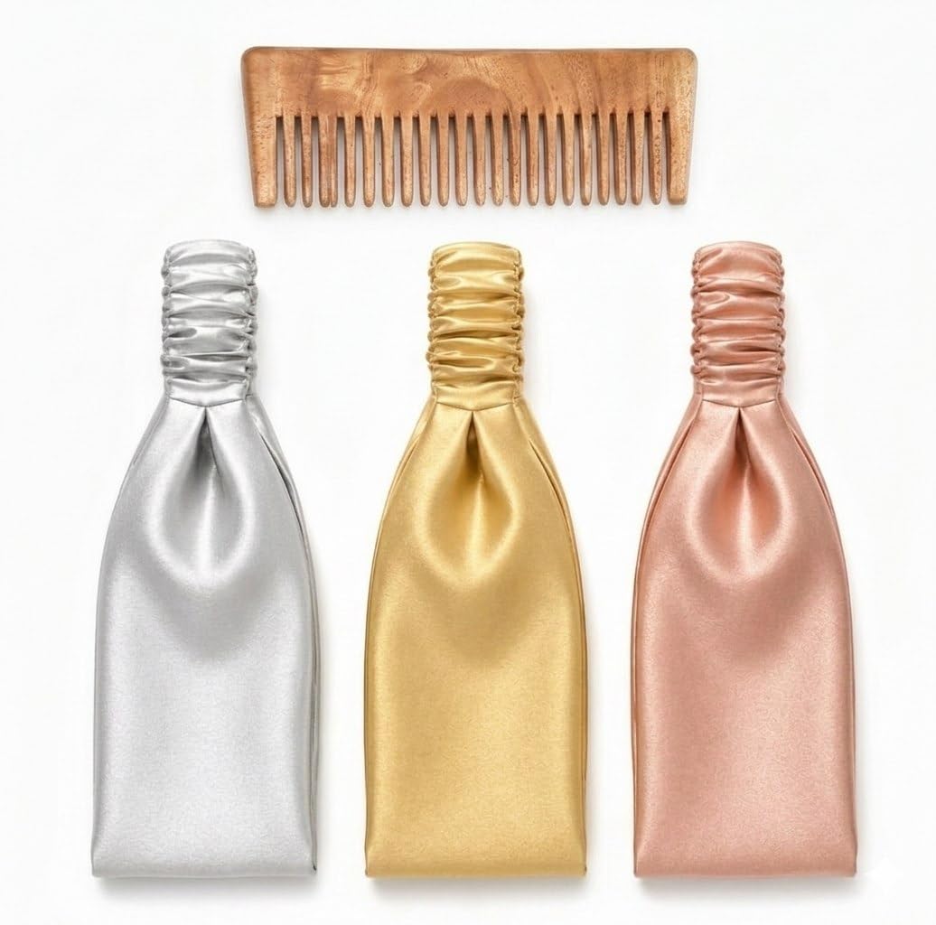Satin Headbands with Wooden Hair Comb Combo, White, Lavender and Pink, Set of 3 Headbands (Neem Wood Comb & Hair Bands (Gold, Mauvey-Pink, and Silver) Combo)-image-16