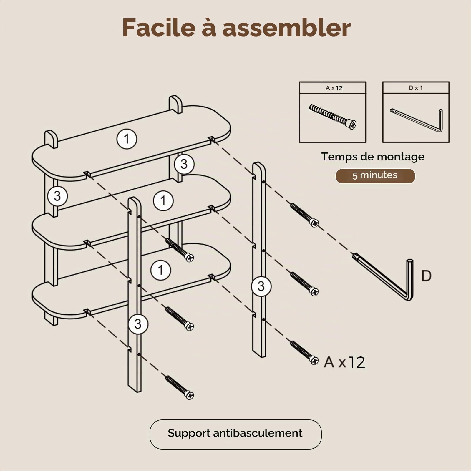 Étagère sur pied en bois à 3 niveaux, étagère en vinyle, étagère pour tourne-disque aspect noyer, étagère ouverte en bois pour le salon, support de lecteur de disques avec espace de