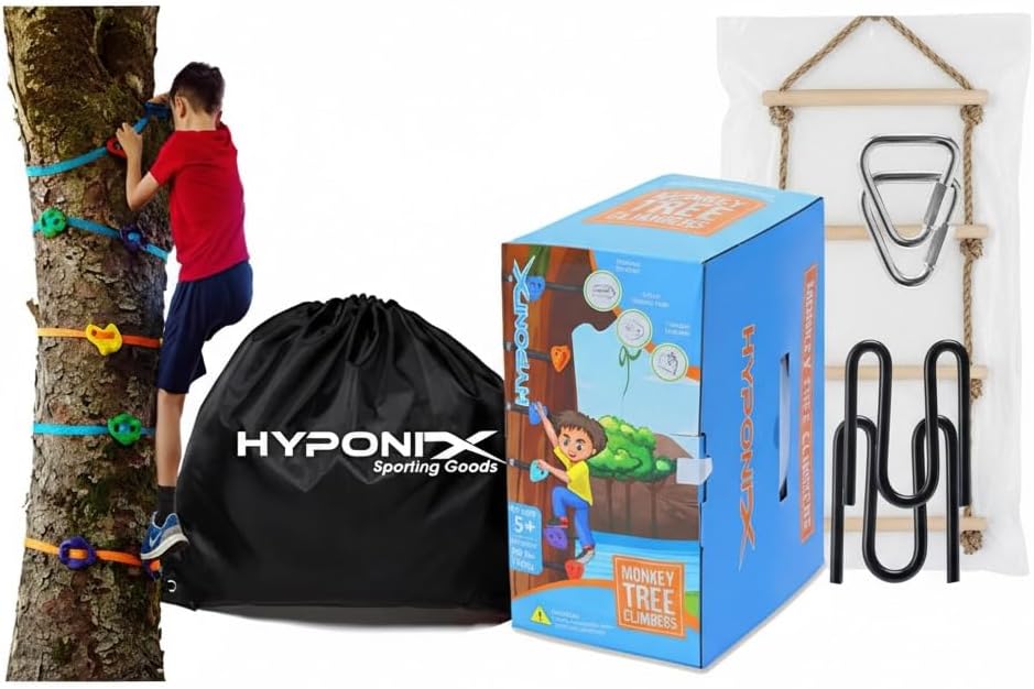 Ninja Warrior Obstacle & Climbing Bundle – Wooden Ladder Expansion Kit + 16 Rock Climbing Holds & 8 Ratchets | Compatible with Monkey Line & Gorilla Line | Easy Setup, Durable, Safe Outdoor Fun for Ki