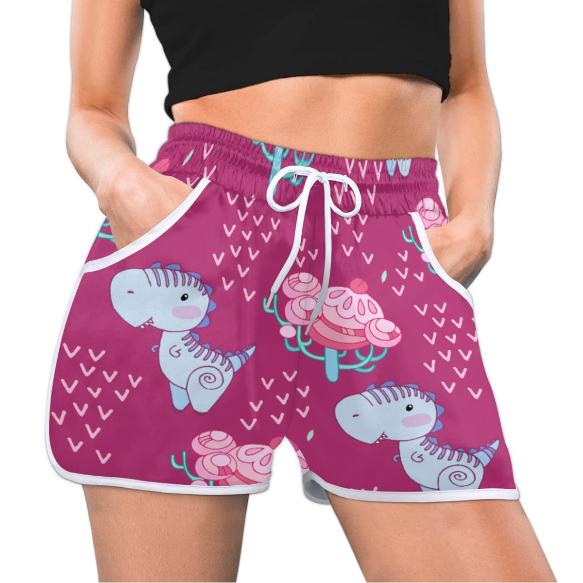 Cute Dinosaur Pattern Women's Elastic Drawstring Running Shorts with Pocketed Pants Waisted Athletic Gym Workout Shorts.