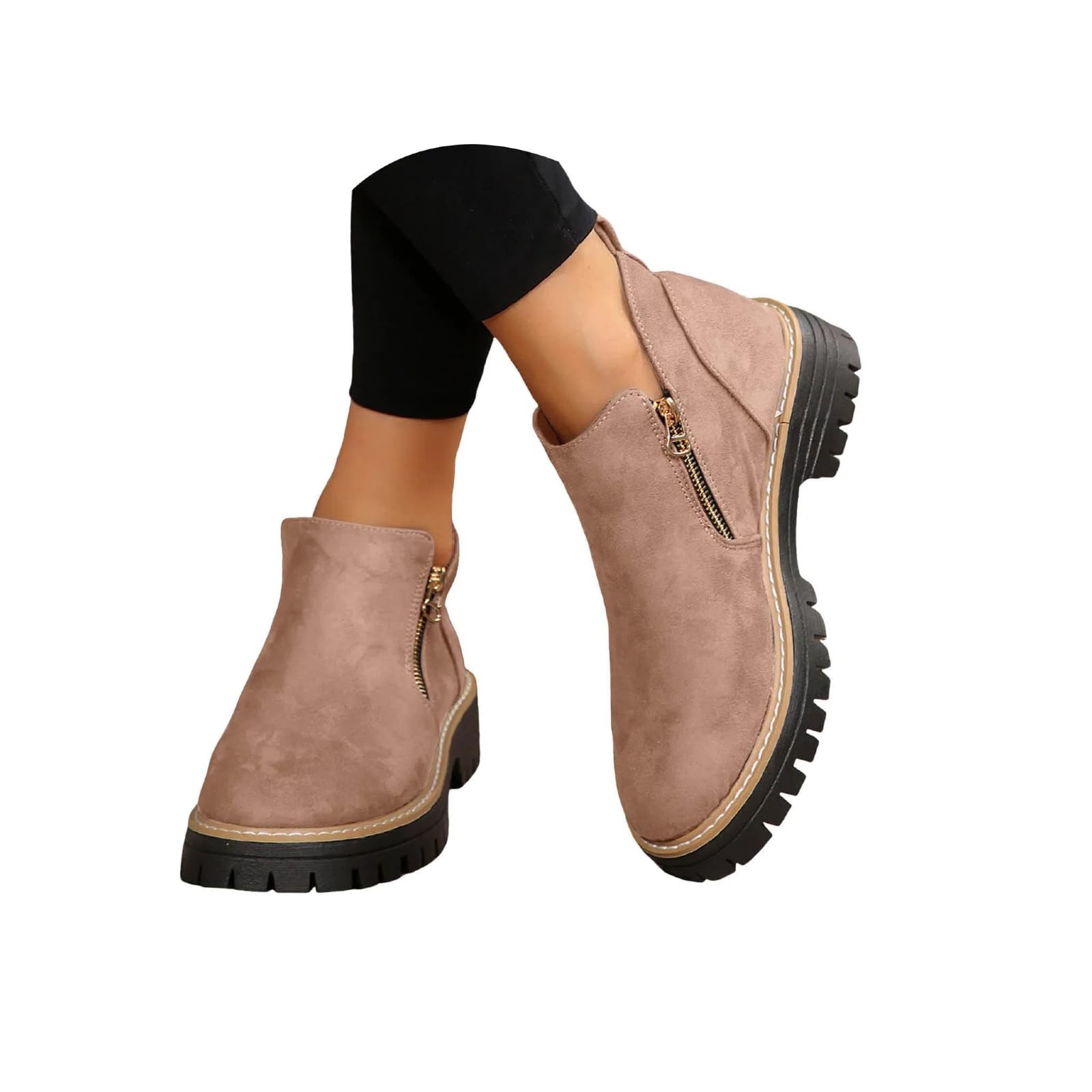 Women Chunky Heel Ankle Boots Platform Lug Sole Suede Short Booties Vintage Casual with Side Zipper for Lady