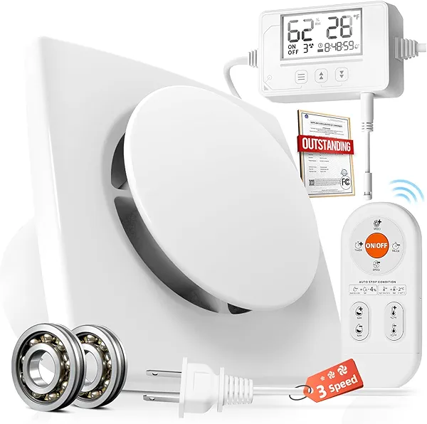 3 Speed Bathroom Exhaust Fan with Humidity Sensor & Remote Control, Timer Humidity & Temperature Control Quiet Upgraded 2600RPM Bathroom Fan for Attic Basement Garage P119A(4 inch Exhaust Fan)