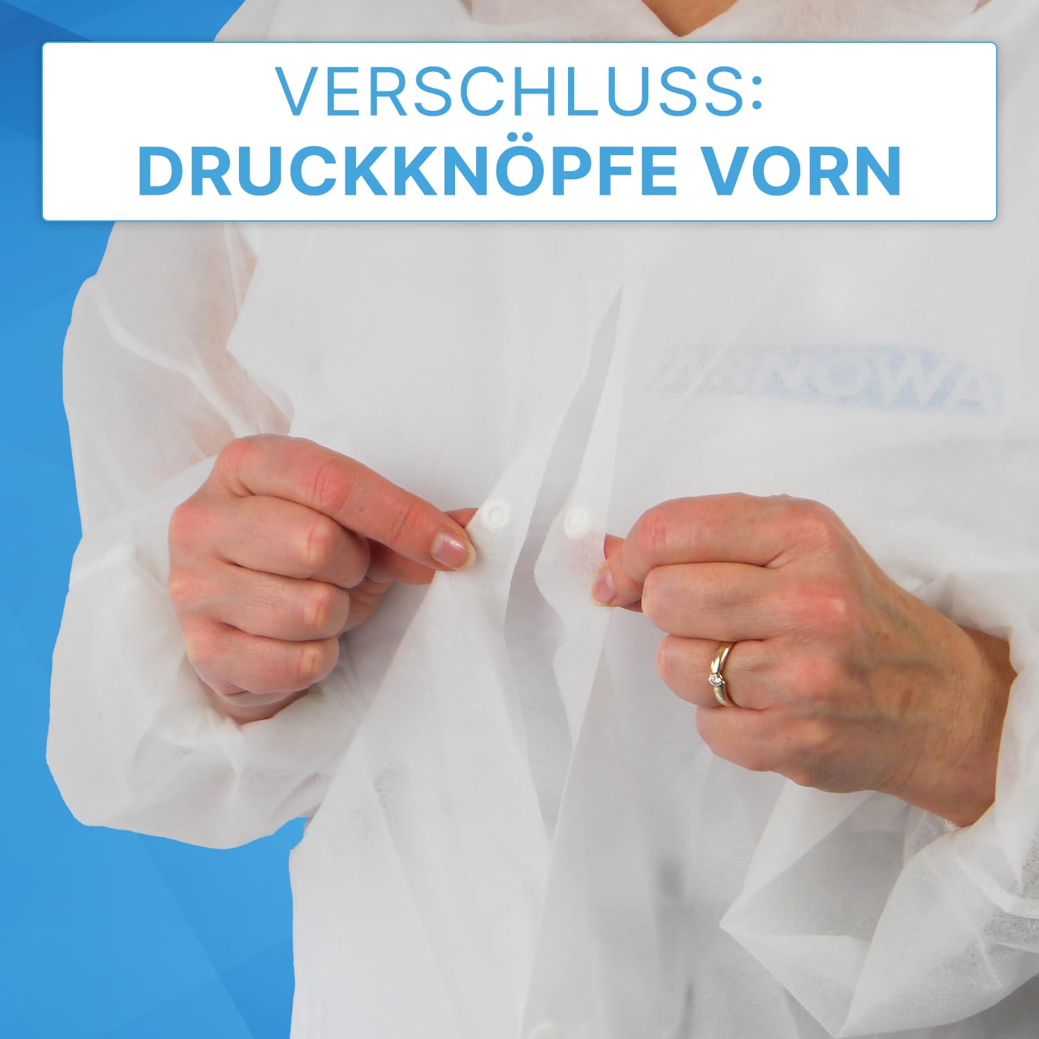 100x ARNOMED® PP Besuchermantel Einweg L, Einmal Schutzkittel Weiß | Vlieskittel, Einwegkittel Schutzkittel mit Druckknöpfen, Einwegmantel Plastik Maleranzug, OP Kittel Lebensmitteltauglich