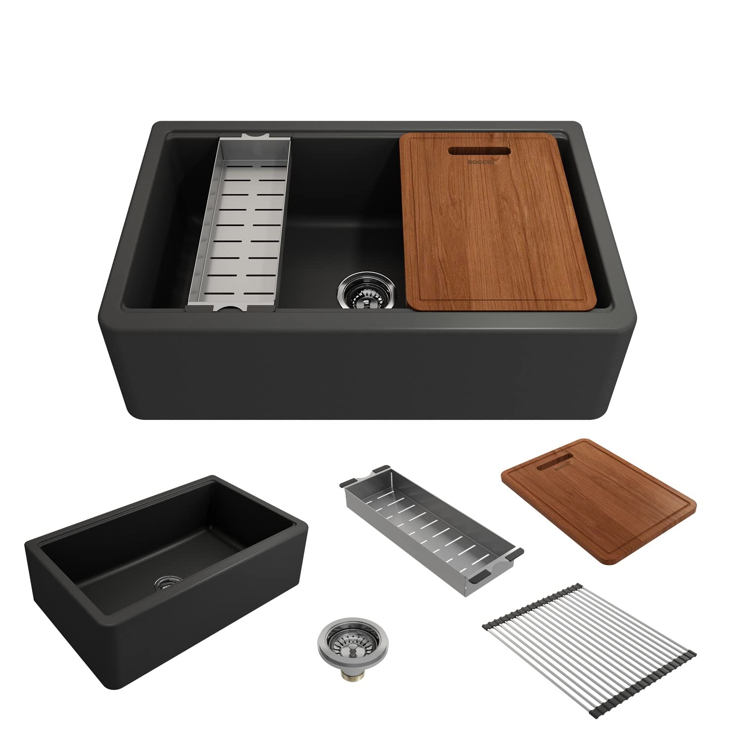 BOCCHI Arona Apron-Front 33 in. Single Bowl Granite Composite Kitchen Sink with Integrated Workstation and Accessories in Matte Black