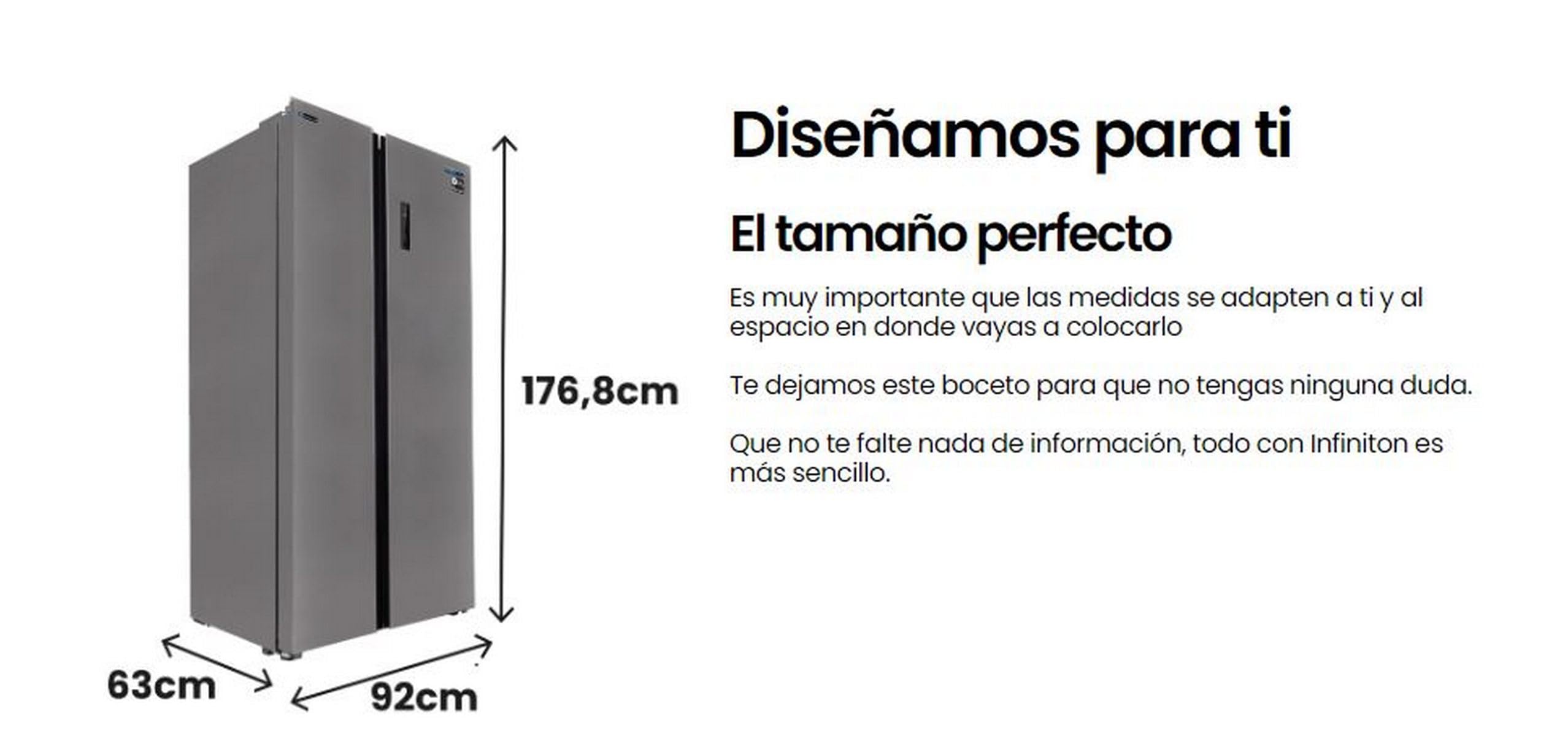 INFINITON Frigorifico Americano SBS-A174I, 505 Litros, 177 cm de Altura, No Frost Total, Inverter, Funciones Fast Cooling y Fast Freezing, E, Iluminación LED interior, Función Eco, Inox