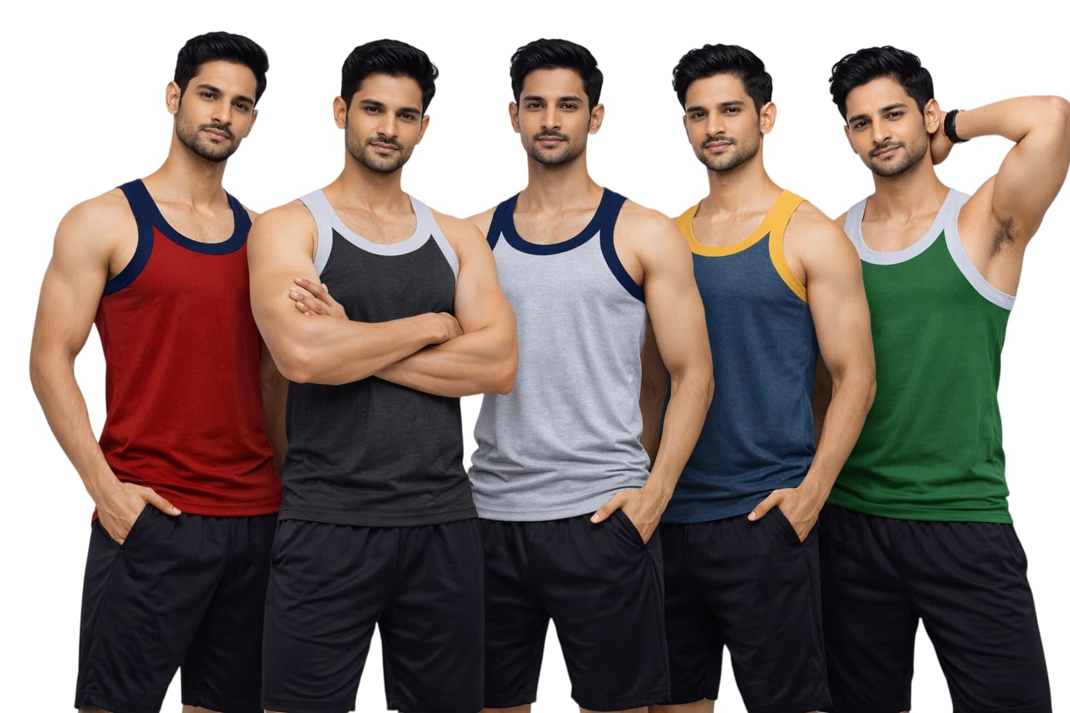 Men's Gym Vest Pack of 5, Multicolour Contrast Rib-picture-51