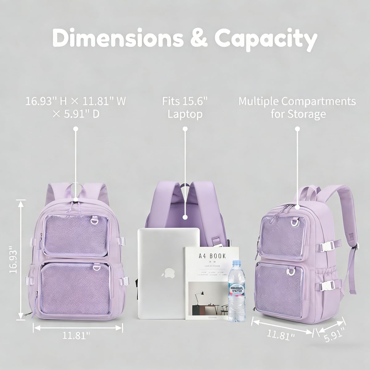 JARKJARD Ita Bag Clear Pin Display Backpack with Insert for Teen Girls Cute Kawaii Aesthetic Backpacks for School Transparent Bookbag Travel(Purple)