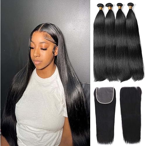 Straight Bundles with Closure Human Hair (14 16 18 20 + 12) 4 Bundles Deals with 4x4 Lace Closure Free Part 12A Brazilian Weave Bundles Human Hair Raw Remy Double Machin Weft Hair Extensions