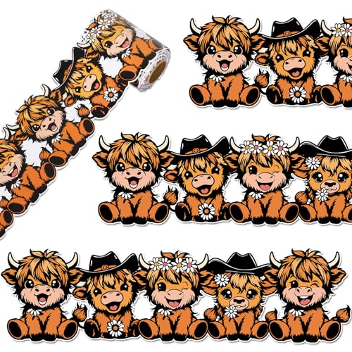 Image of Whaline Cartoon Highland Cow Bulletin Board Border Brown Cow Flower Die Cut Trim Border Roll for Back to School Classroom Home Party Supplies