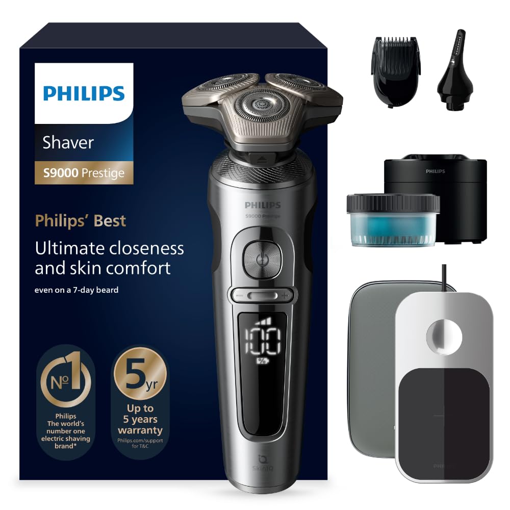 PHILIPS Rasierer S9000 Prestige - Elektrischer Nass- und Trockenrasierer, glänzendes Chrom, Lift & Cut-Rasiersystem, SkinIQ-Technologie, Bartstyler, Reinigungsstation & Qi-Ladepad (Modell SP9885/35)