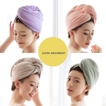 RemeeHi Hair Towel Wrap 65x25cm Microfiber Head Drying Towels Quick Dry Hat with Button Shower Wrapped Cap 2 Pack Khaki + Light Green
