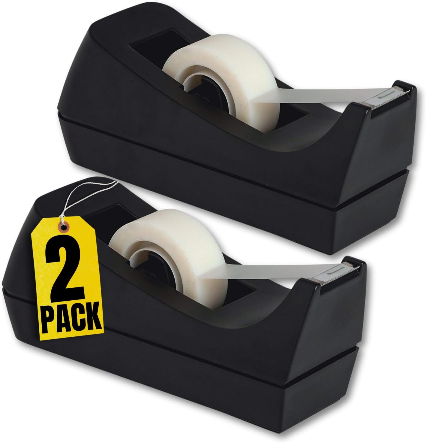 1InTheOffice Desk Tape Dispenser, Black Non-Skid Base Desktop Tape Dispenser Weighted (2 Pack)