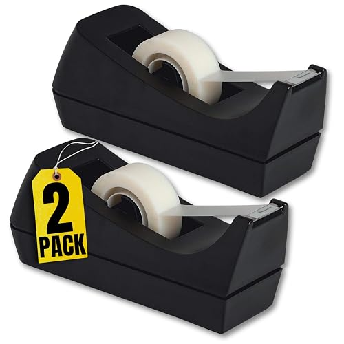 1InTheOffice Desk Tape Dispenser, Black Non-Skid Base Desktop Tape Dispenser Weighted (2 Pack)