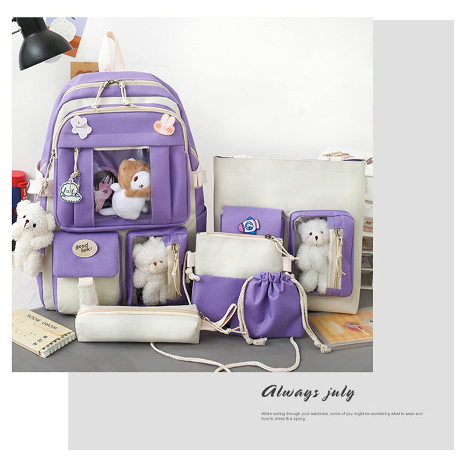 Rugzak 5 stks set esthetische kawaii schooltassen 17in schattige boekentas met badge & hangershouder tas, kleine tas zwart, potlooddoos (Color : Green, Size : 17in