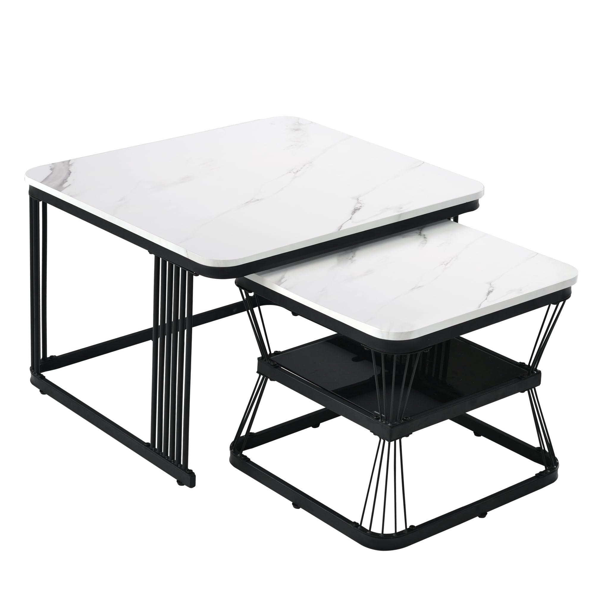 Merax Quadratisch Couchtisch 2er Set, Moderne Wohnzimmertisch mit Marmoroptik, Hochglänzend Satztisch mit Stauraum, für Wohnzimmer, Balkon und Büro, Metallgestell, Weiß und Schwarz