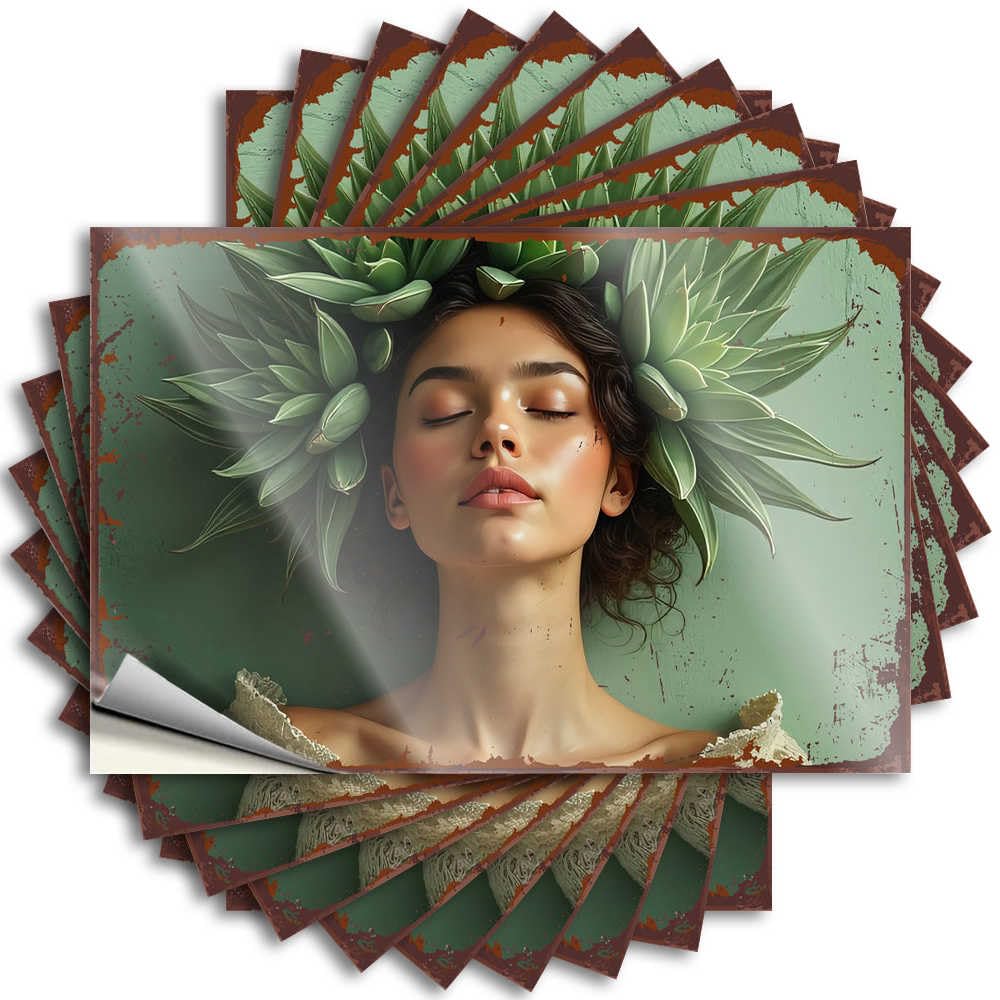 Lettering Sticker Cocoa Easy Apply | Nature's Crown: A Woman Adorned with Lush Green Leaves Plastic Helmet Peel and Stick(12X18CM)