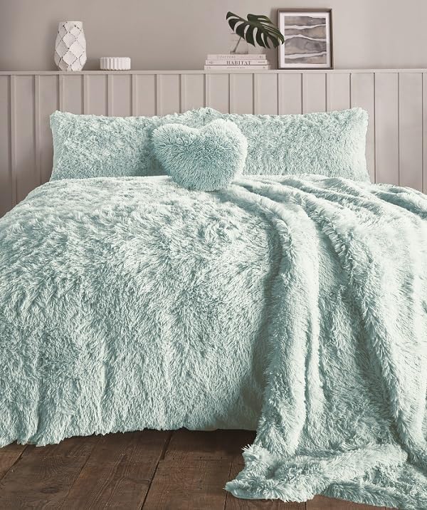 HOMES-LINEN Teddy Bear Fleece Long Fur Cuddles Alaska Luxury Duvet Cover Set Warm Cosy Soft Teddy Bedding Set (Duck Egg, King)