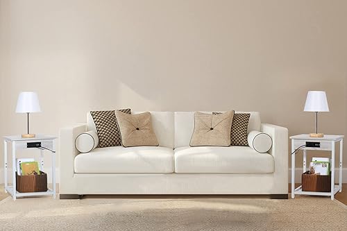 Miniatura 6 de Juego de 2 mesitas de noche, mesa auxiliar con estación de carga y puertos USB, mesas auxiliares estrechas de 2 niveles para dormitorio con estante