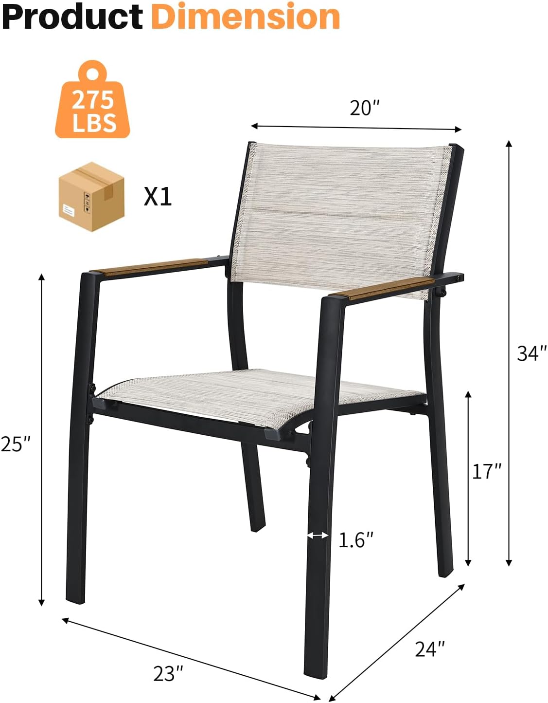 Stackable Patio Chairs Set of 4, Never-Rust Aluminum Outdoor Dining Chairs, Outdoor Stacking Dining Chairs Patio Dining Chair with Double-Layer Thickened Textilene for Deck, Garden, Teak