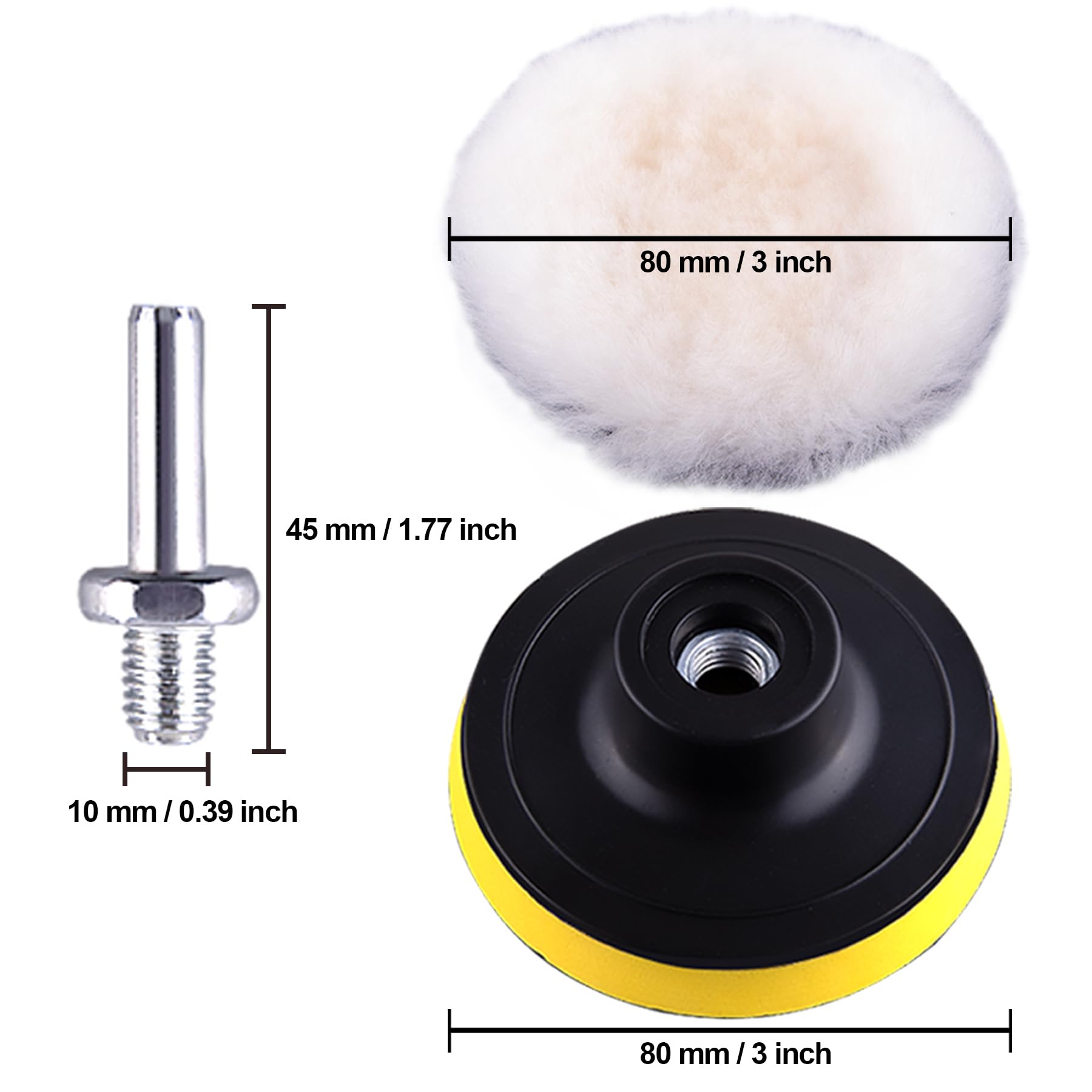 URAQT Wool Polishing Pad, 5 delig 180mm Polijstschijf met 2 Boorstangconnectoren(Rond en Zeshoekig) en 1 Zuignappen, Polijstset voor M14 Booradapter Auto Polijstmachine (D-180mm