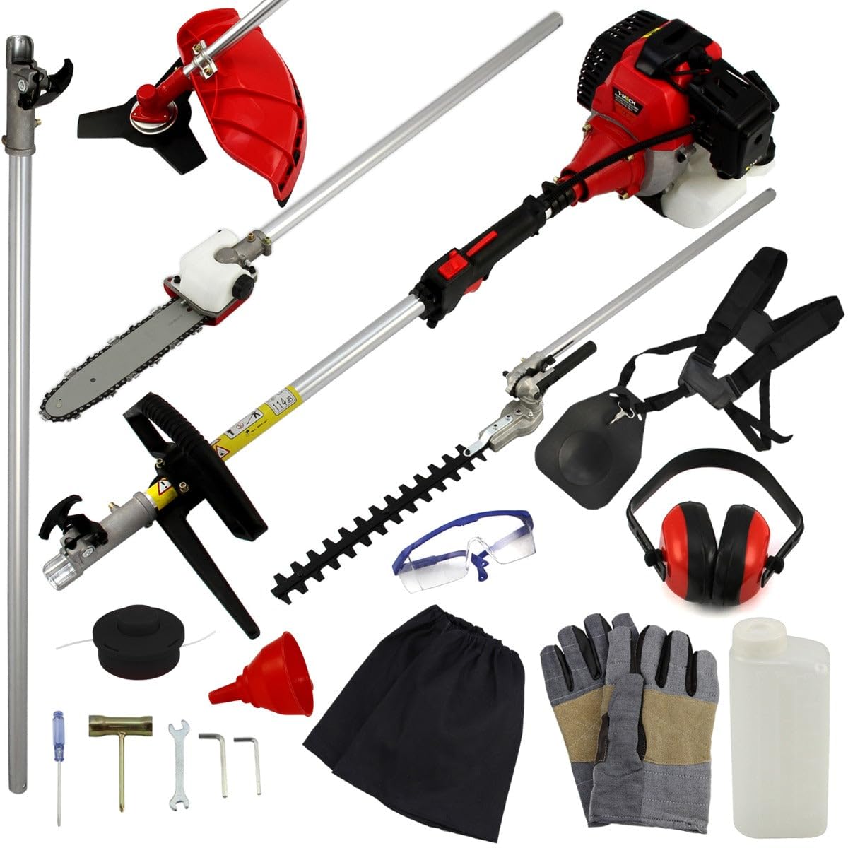 Multiherramienta inalámbrica para jardín, 5 en 1, cortasetos de largo alcance, motosierra, cortador de hierba, barra de extensión, gasolina, 52 cc, 1,6 kW, 3 HP, 9000 rpm, equipo de seguridad sin 2