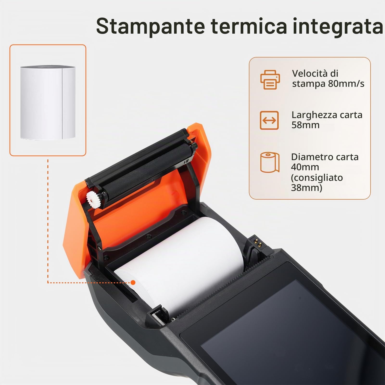 Bisofice H10 PDA Terminale Portatile, Android 14, Scanner Lettore codice a barre wireless 1D 2D, Stampante Ricevute POS 58 mm, WiFi e 4G, BT, per vendita al dettaglio, magazzino, logistica