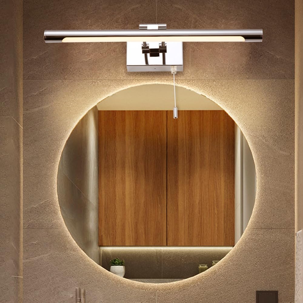Lampada da parete cromata per trucco moderno, apparecchio di illuminazione per bagno sopra lo specchio, lampada frontale a specchio a LED con interruttore a catena, accensione/spegnimento rego