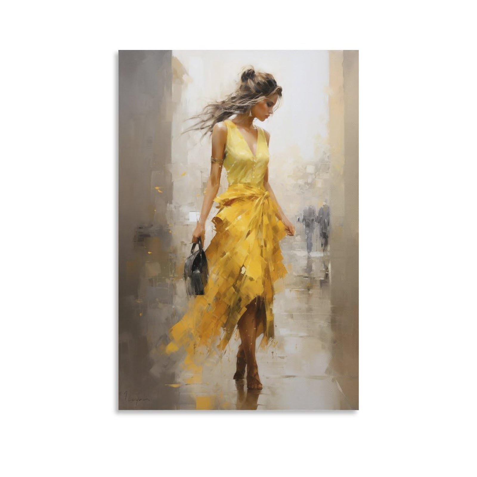 AYAROS Black Handbag Woman Wall Art Canvas Poster Beautiful Retro Street Yellow Skirt Wall Decor Poster Dormitory Decor Painting Art Unframed 24x36 inch