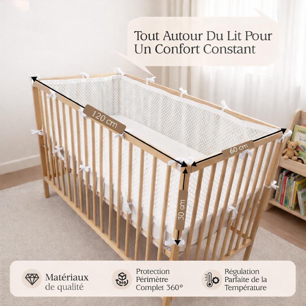 Tour de lit respirant – Tour de lit certifié OEKO-TEX – Tours de lit pour tout-petits – Tour de Lit bébé pour Lit Bébé 60x120 cm – Contour de lit bebe offrant sécurité et confort pour votre bébé