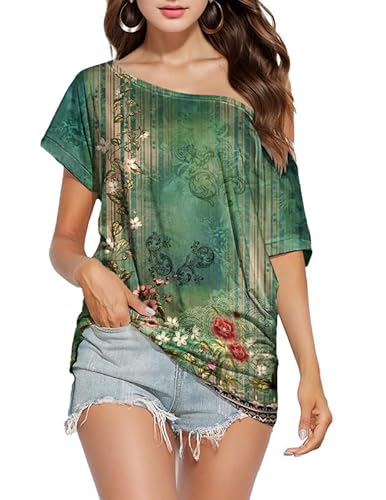 Teepie Women Off The Shoulder T Shirt Casual Floral Summer Tunics Tops Sexy Oversized Short Sleeve Tshirt PAT7 XL