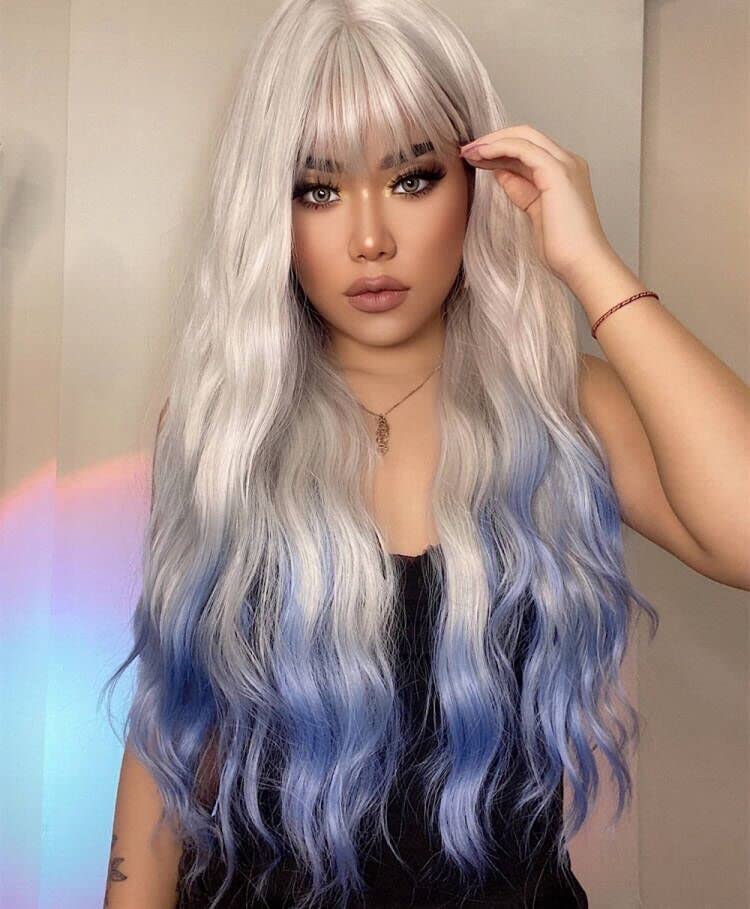 Image of Swiking Blonde Ombre Blue Curly Women Wigs with Bangs Wave Long Blonde Synthetic Hair Halloween Cosplay Daily Natural Full Wig