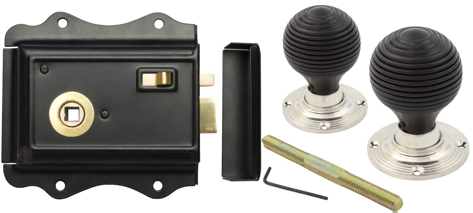 Ab Hardware Polished Nickel Old English Victorian Style Latch Lock Snib + Ebonised Beehive Rim Door Knob Set (Polished Nickel)